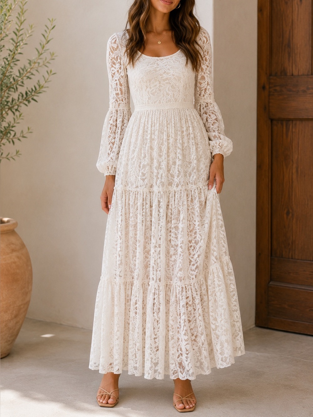 Joy Folie Mia Joy Ivory Lace Maxi Dress Boho Tiered Bell Sleeve NWT XXS